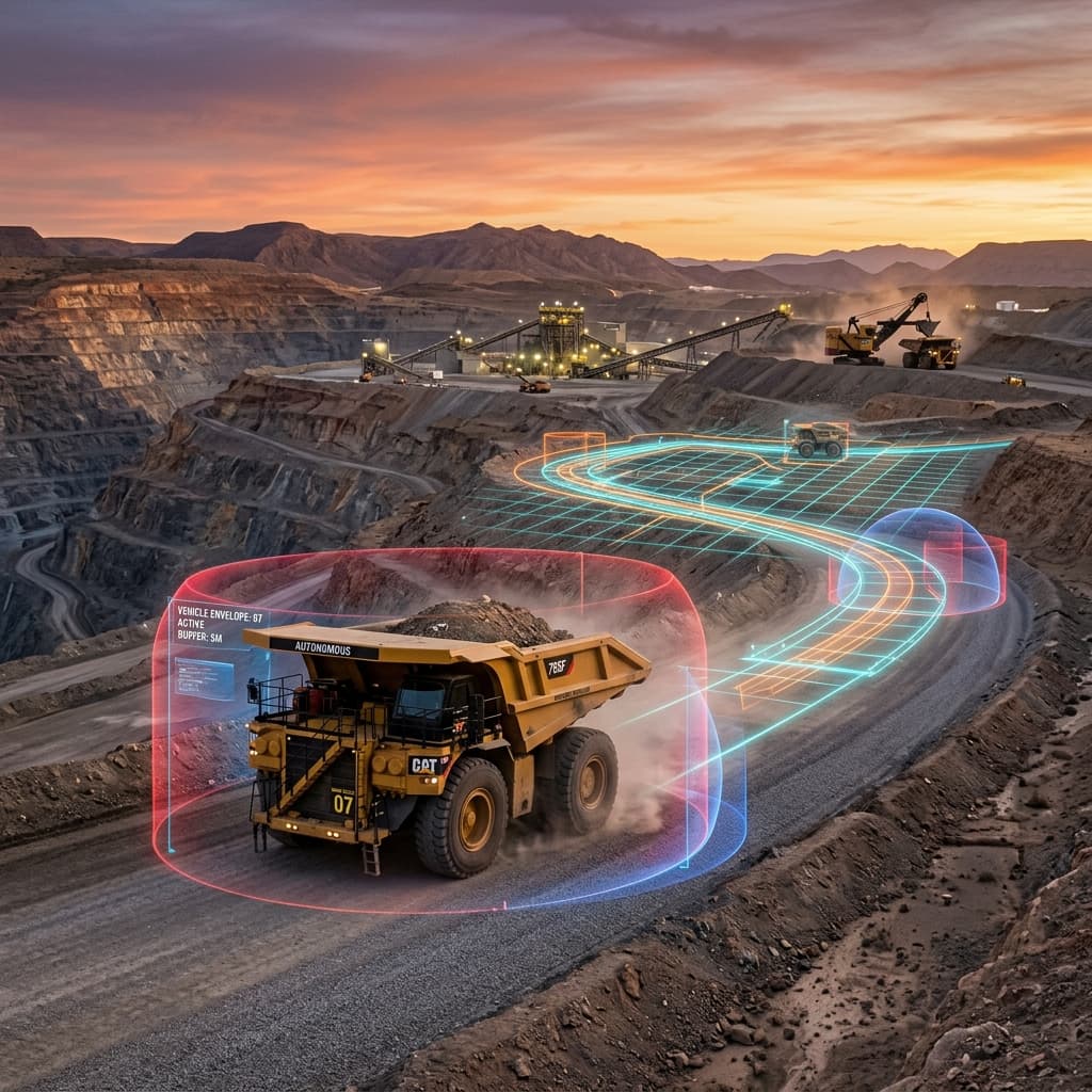 Autonomous haul truck with digital twin safety overlay in a mining environment
