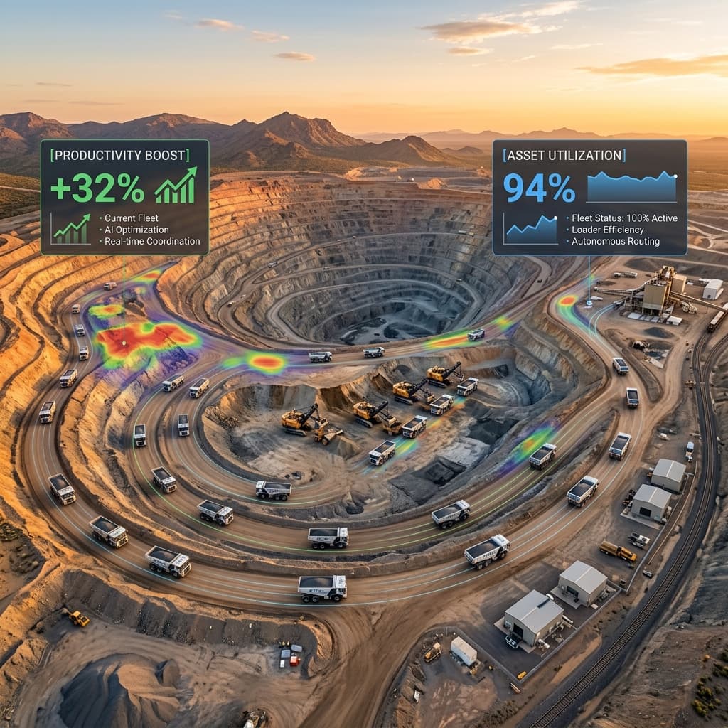 Mining pit bird's-eye view with productivity heatmaps